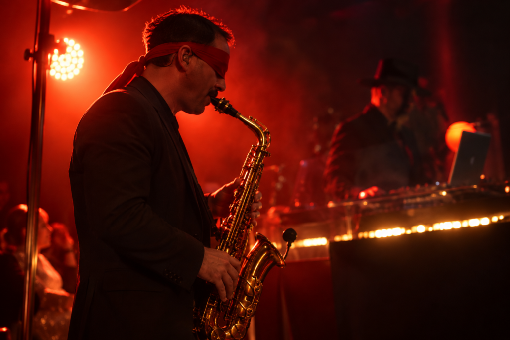 Саксофонист с завязанными глазами во время выступления SPB Blind Orchestra на LE RITUEL ROUGE