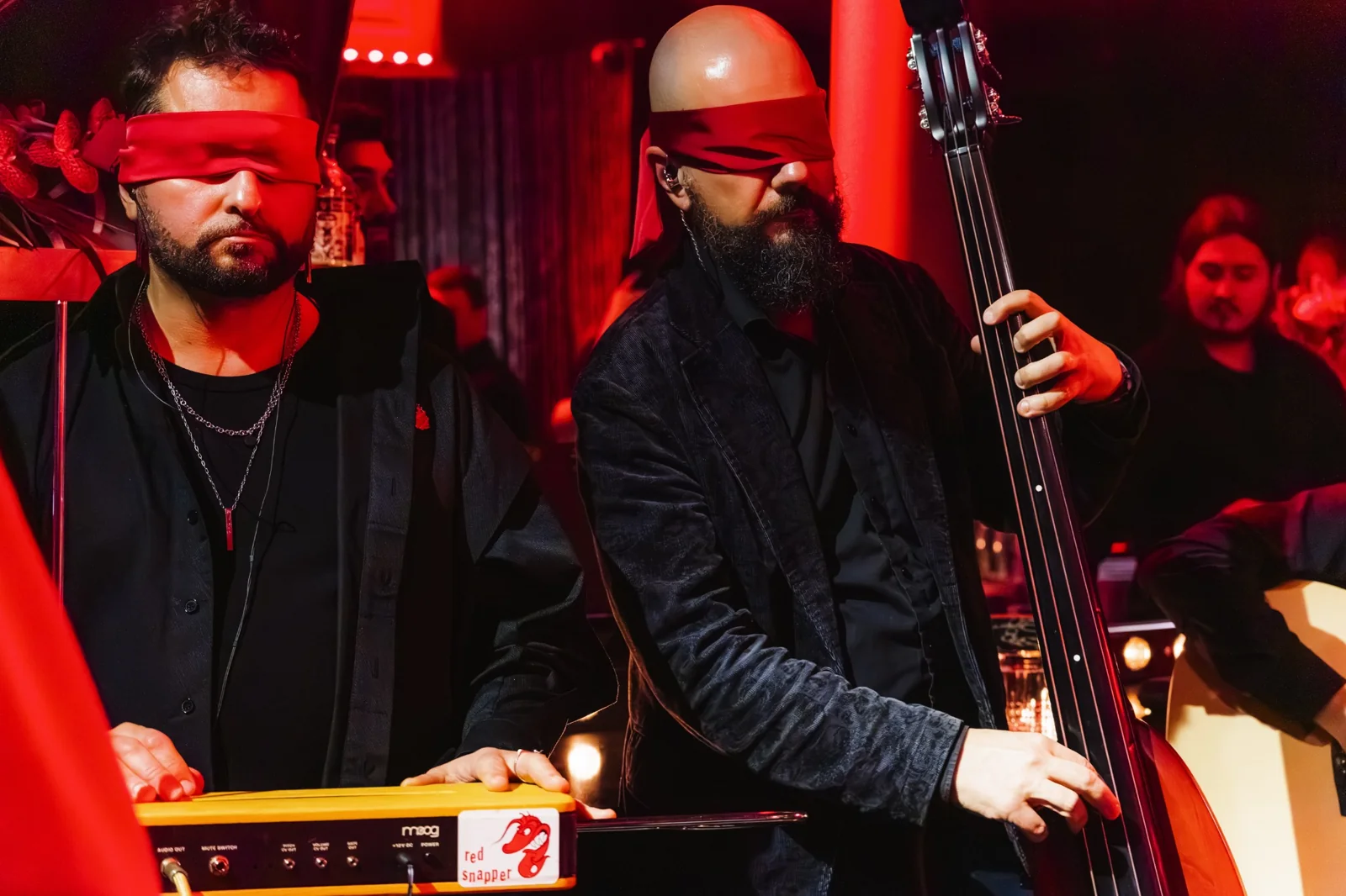 Blindfolded musicians performing live